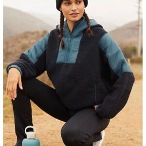 Free People Movement Lead The Pack  Jacket Blue &black Fleece Hooded Pullover